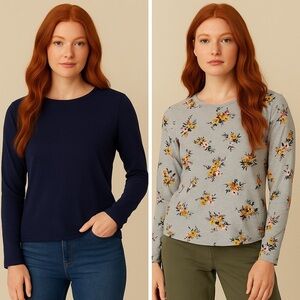 Croft & Barrow Classic Tee 2-Pack Floral & Navy Long Sleeve Tops